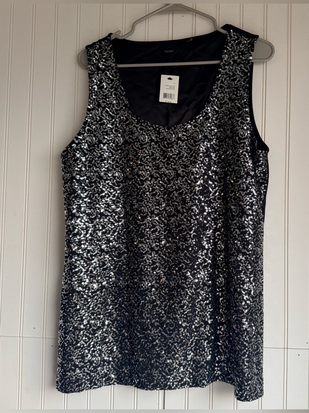 Tahari Size Large Black Camilla Confetti Sequin Silver Lined Tank Top/Cami